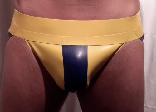 Yellow Rubber Jockstrap With Blue Stripe